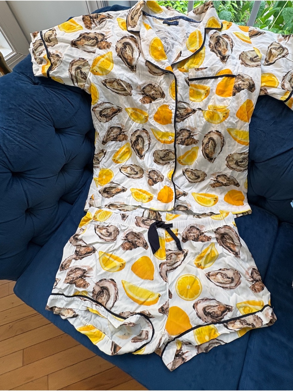 Katie K Lemon & Oyster Print Cotton Pajama Set - White with Yellow & Brown SZ XL